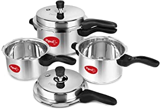 Pigeon by Stovekraft Stainless Steel Pressure Cooker Combo (12739) 2 Litre, 3 Litre and 5 Litre, Induction Base, Outer Li...