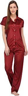 Fabme Women's Plain Satin Night Suit (Shirt and Pyjama) (Color Options) (Size - Small to XX-Large)